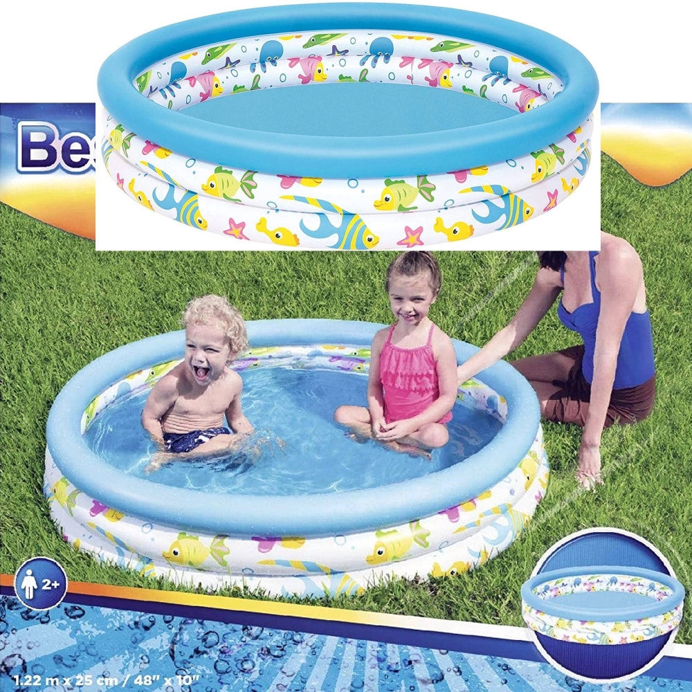 Trade Shop - Piscina Rotonda 122cm Gonfiabile Fuoriterra Pesciolini Bambini Giardino 3 Anelli -