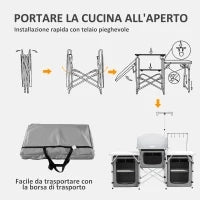 Cucina da Campeggio Pieghevole a 3 Piani con 5 Ripiani Interni e 4 Ganci, 172x48x119 cm, Grigio e Argento