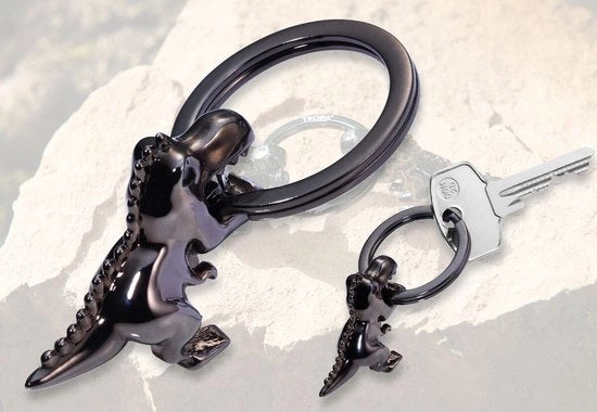 Trio di Chiavi in forma di Dinosauri T-Rex, K-Rex, Tyrannosauro Rex - Dino con Chiavario - Materiale Metallico - Cromo Nero