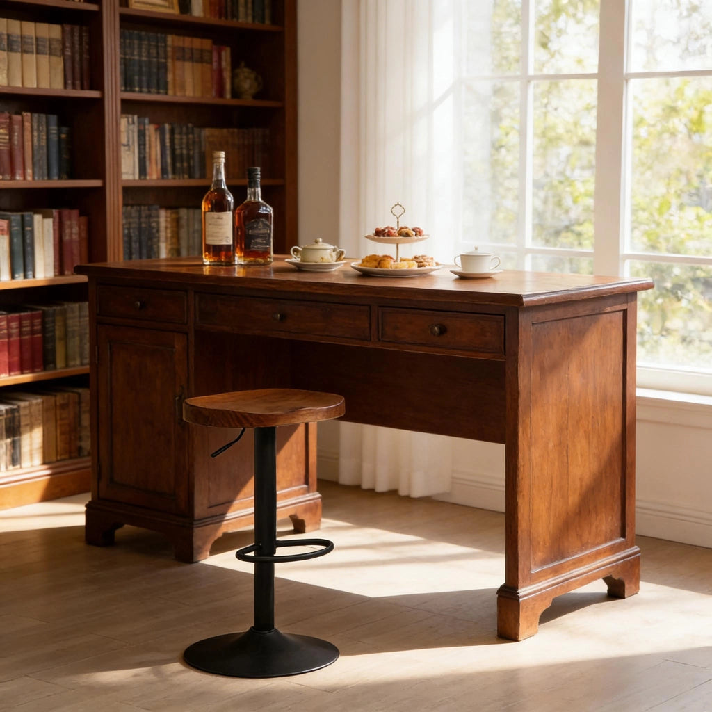Sgabello da bar girevole regolabile in altezza con seduta ergonomica stabile in legno massello e metallo marrone