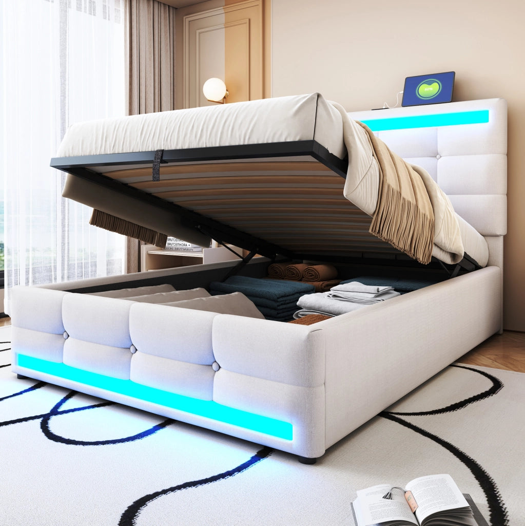 Letto imbottito 90x200 con luci LED RGB, USB e testiera regolabile