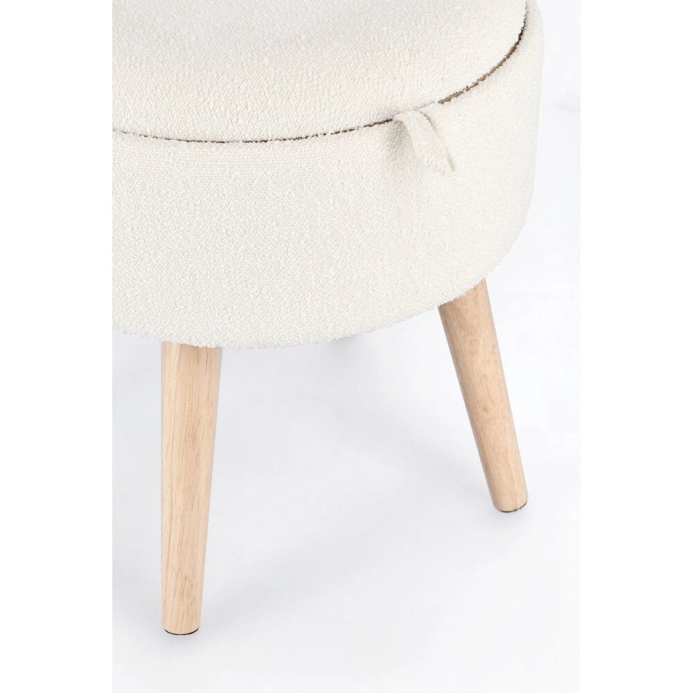 Sgabello contenitore rotondo bouclé bianco con vassoio in legno - BRIAR