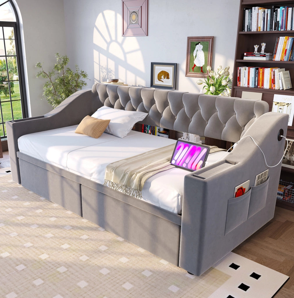 Divano letto imbottito 90x190 cm in velluto con USB; cassetti contenitore e braccioli grigio chiaro