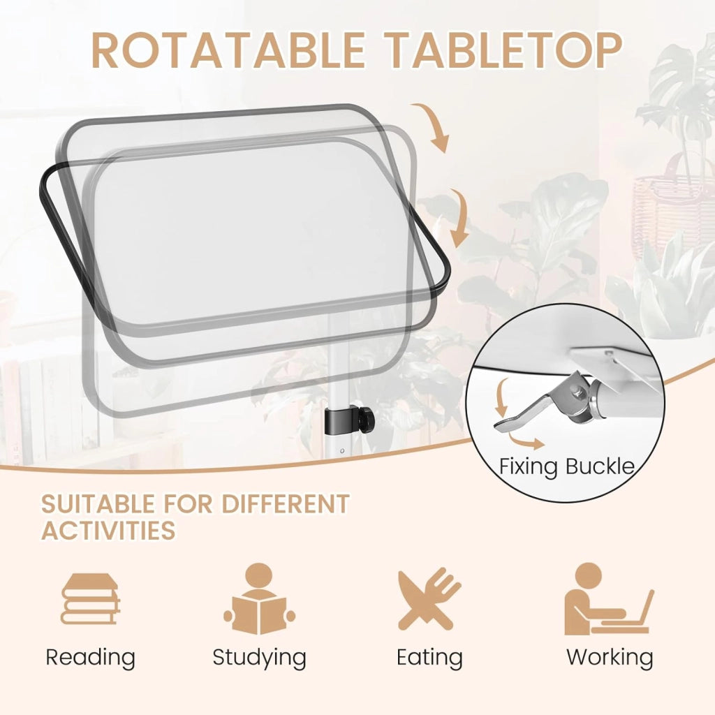 Tavolo da Letto con Ruote Universali, Tavolino Mobile a Forma di C, Comodino Mobile con Altezza Regolabile e Piano Inclinabile, per Camera da Letto e Ospedale