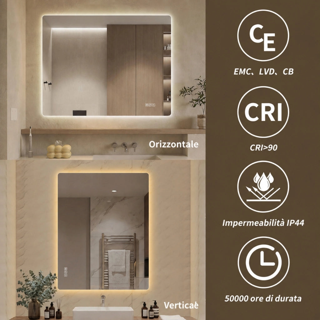 Specchio bagno led 70x90 specchio retroilluminato senza cornice; dimmerabile; antiappannamento; argento
