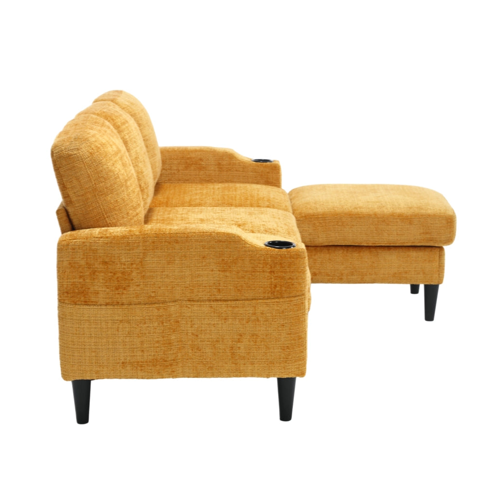Divano modulare 4 Posti con Pouf contenitore, Portabicchieri e Tasche laterali, in Ciniglia, Giallo
