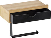 Sostegno per carta igienica in bamboe di alta qualità con piastra pratica, cassetto per asciugamani umidi, supporto per fissaggio alla parete, comprensivo di materiali di fissaggio, 18,5 x 14 x 10,5 cm, natura/nero