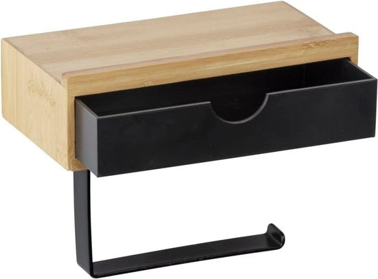 Sostegno per carta igienica in bamboe di alta qualità con piastra pratica, cassetto per asciugamani umidi, supporto per fissaggio alla parete, comprensivo di materiali di fissaggio, 18,5 x 14 x 10,5 cm, natura/nero