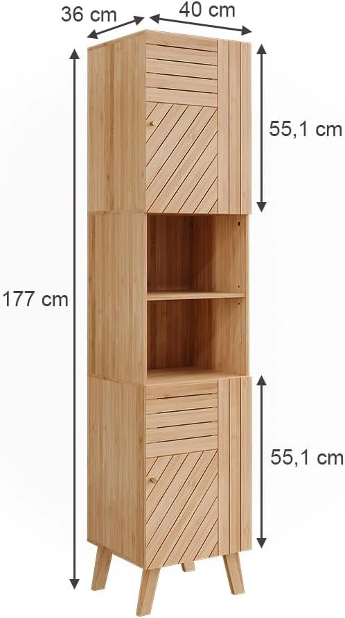 Mobile da bagno Lucie, Bambù, 40 x 177 cm con 2 porte, adatto per la conservazione salvaspazio di accessori da bagno