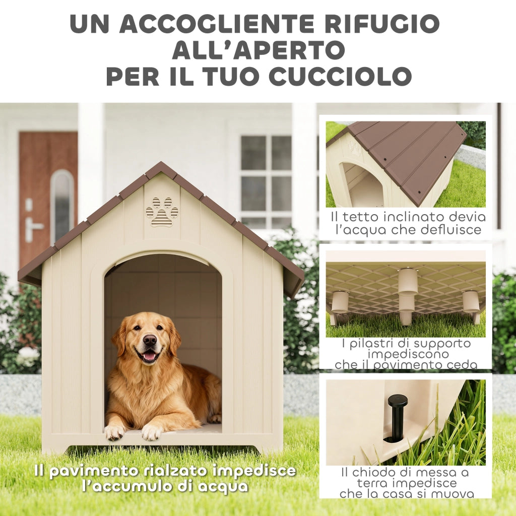 Cuccia per Cani Rialzata 88x78x89 cm con Tetto Inclinato e Prese d'Aria in PP Beige e Marrone Scuro