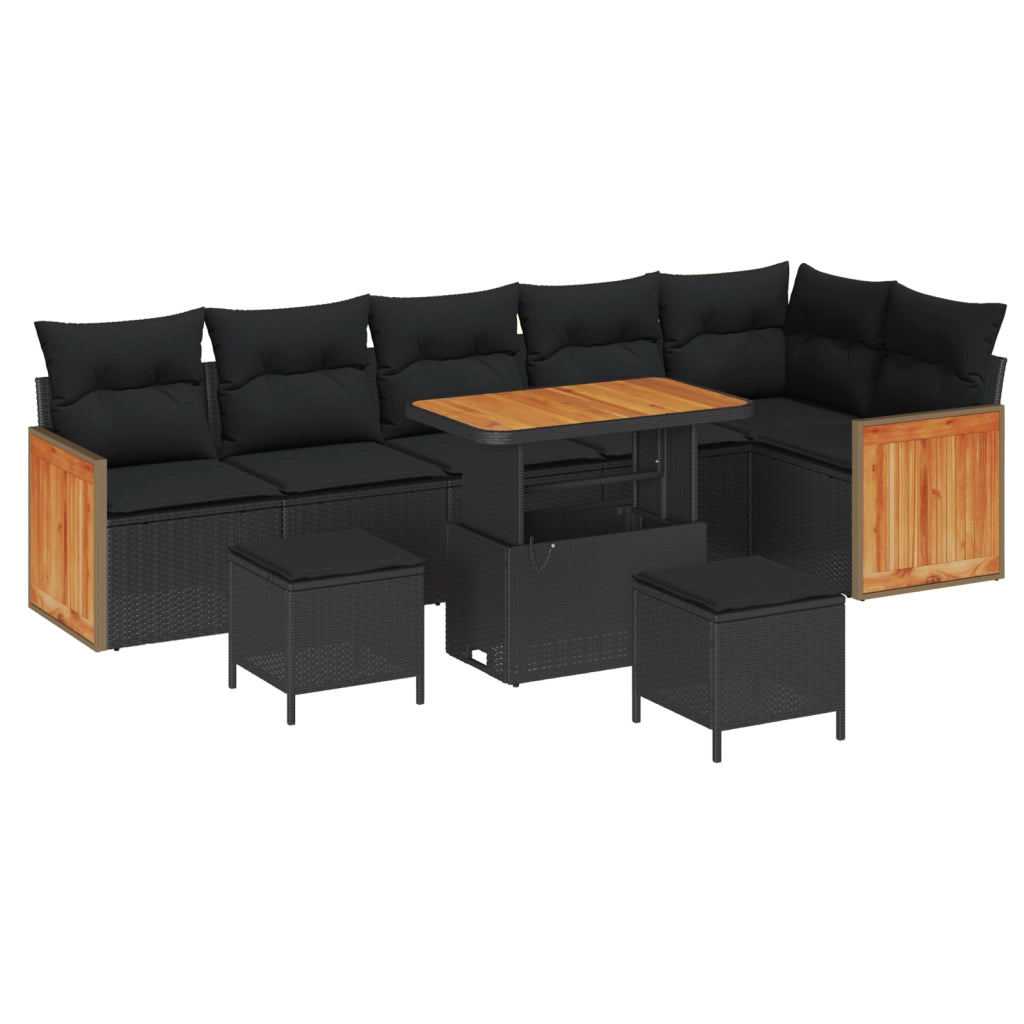 Set di 9 Pezzi Divano da Giardino con Cuscini Rattan Nero Acacia