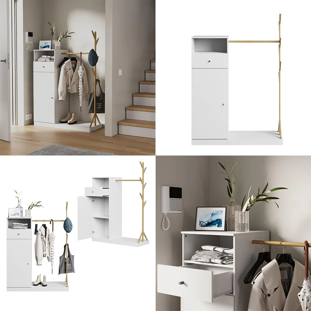 Armadio Liria, Bianco/bambù, 100 x 145 cm con cassetto, con ripiano per scarpe e ganci appendiabiti aperti