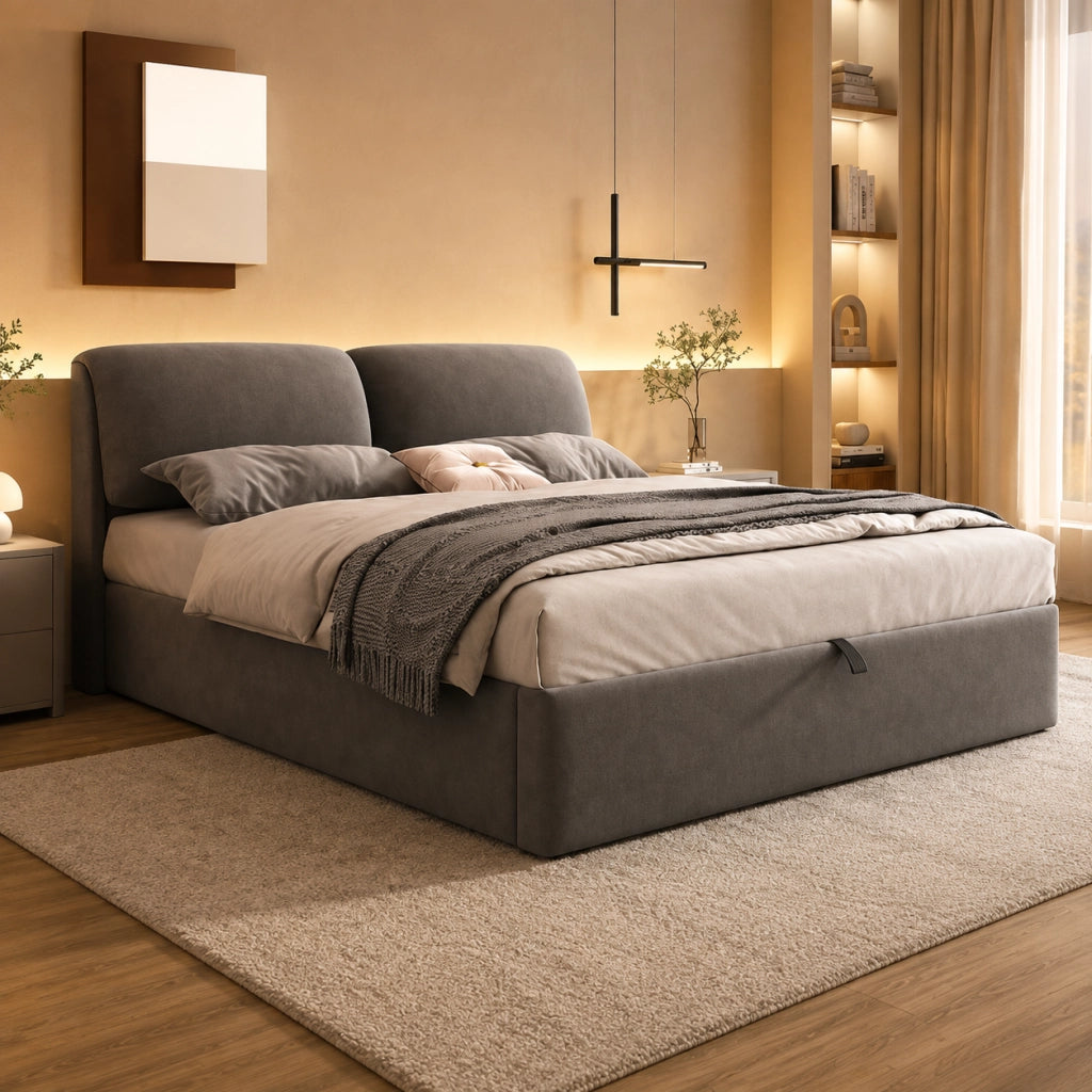 Letto contenitore 180x200 cm; matrimoniale con contenitore idraulico; 3 cassetti; rete a doghe e testiera; velluto; grigio