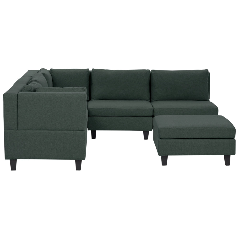 Divano componibile a 5 posti imbottito lato destro in tessuto verde scuro con gambe nere e pouf stile moderno