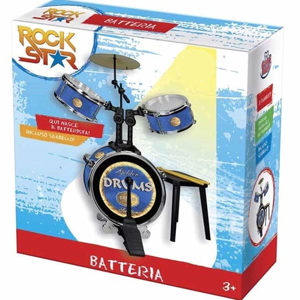 Trade Shop - Batteria Con Sgabello 3 Tamburi E Seduta Strumenti Musicali Bambini -