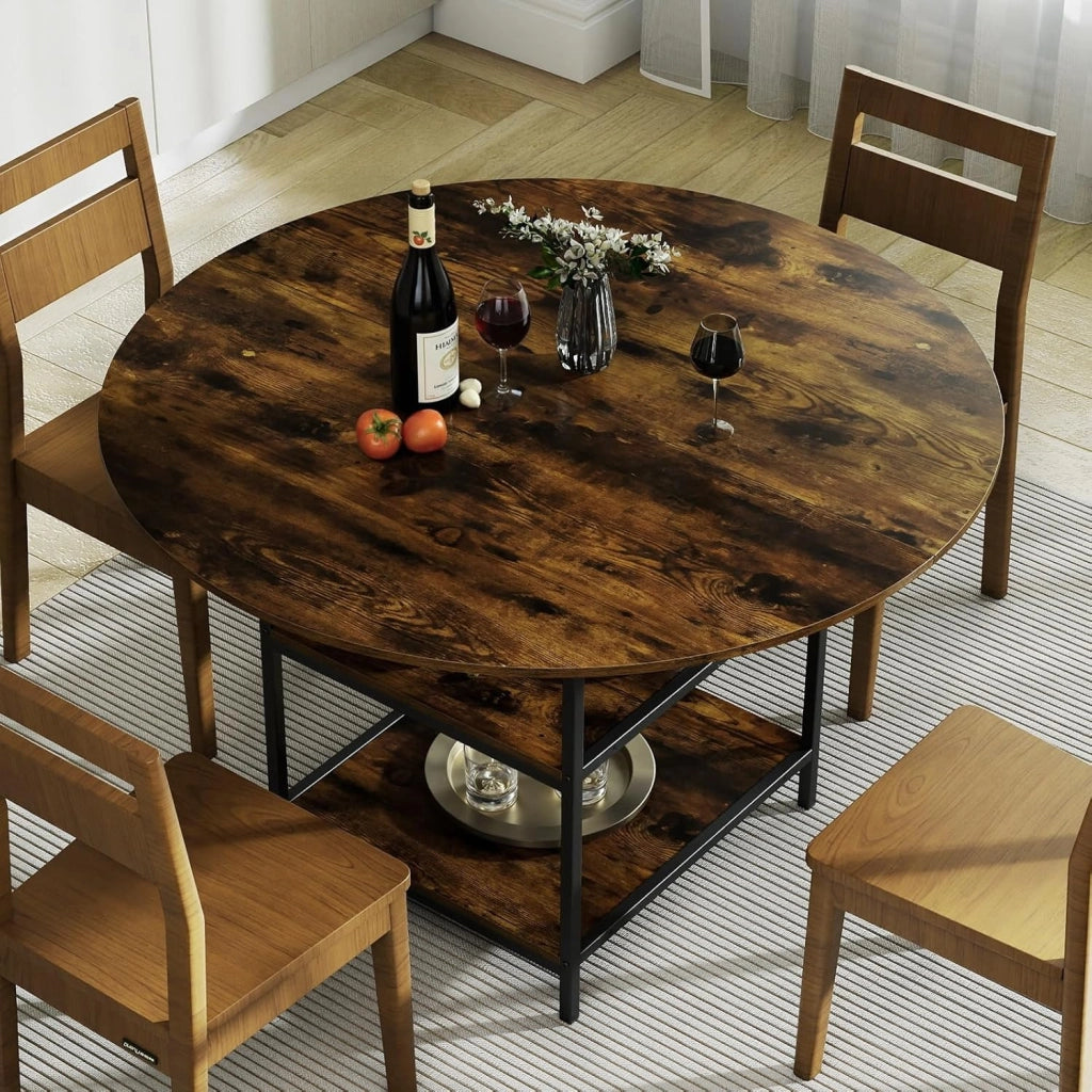 Tavolo da Pranzo Rotondo 120 cm per 4-6 Persone, Tavolo da Cucina Rustico con Ripiano Aperto a 2 Livelli e Struttura in Metallo, Tavolino in Legno per Sala da Pranzo (Marrone)