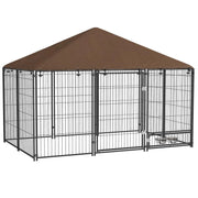RECINTO PER CANI IN METALLO E TESSUTO OXFORD CON PORTICINA PER CIOTOLE, 211X141X151 CM, NERO E MARRONE