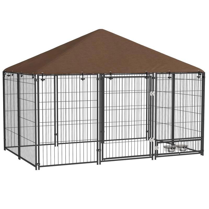 RECINTO PER CANI IN METALLO E TESSUTO OXFORD CON PORTICINA PER CIOTOLE, 211X141X151 CM, NERO E MARRONE