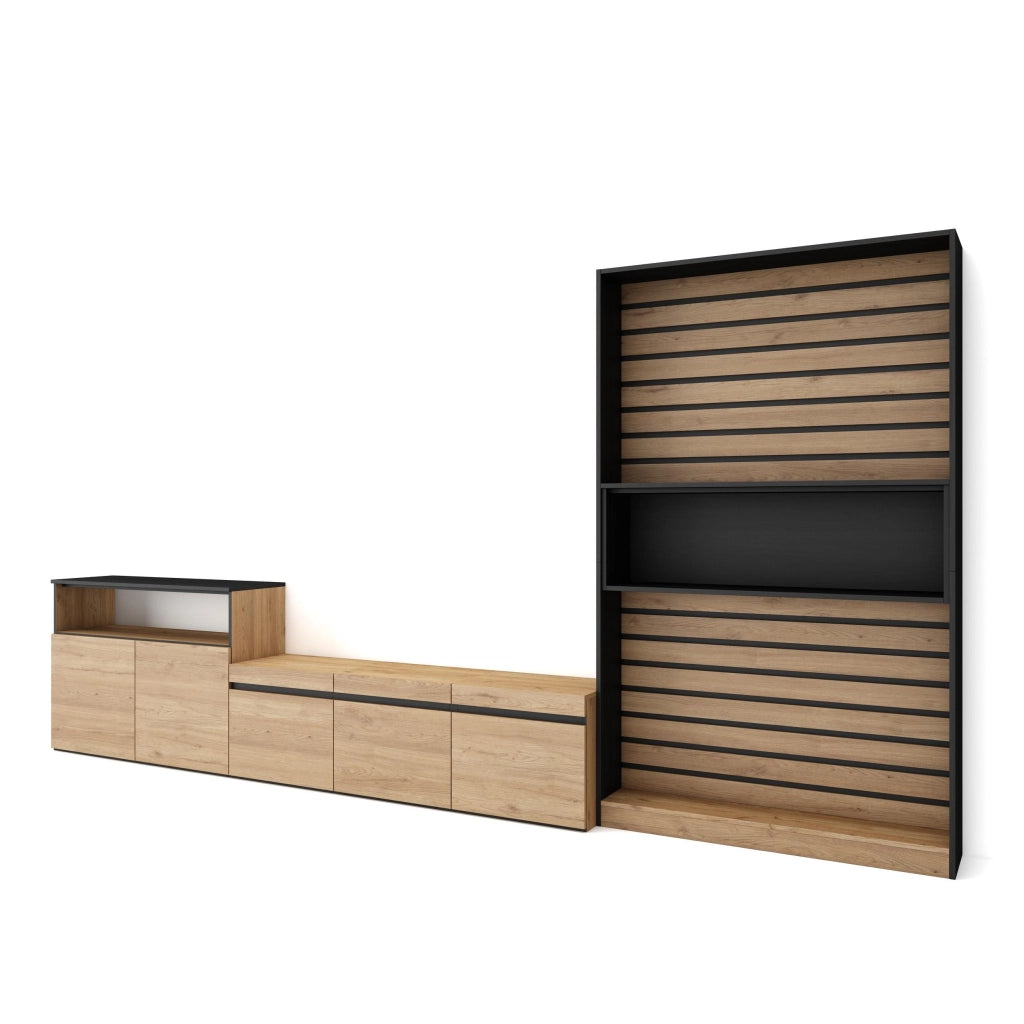 Mobile TV, Soggiorno, 360x35x186cm, Per TV fino a 65", Set di mobili, colore Rovere e nero RF3162