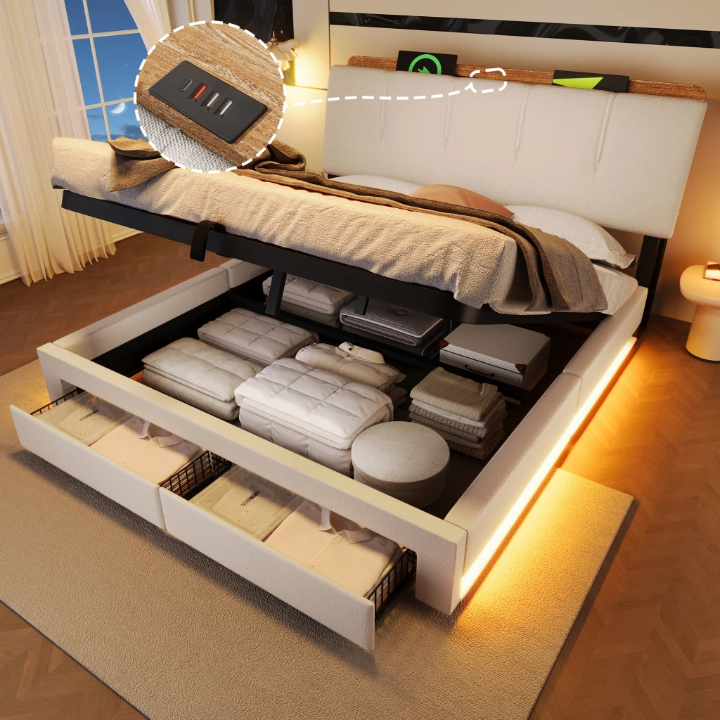 LETTO Contenitore 140x200 cm in lino beige con USB, Type-C e LED