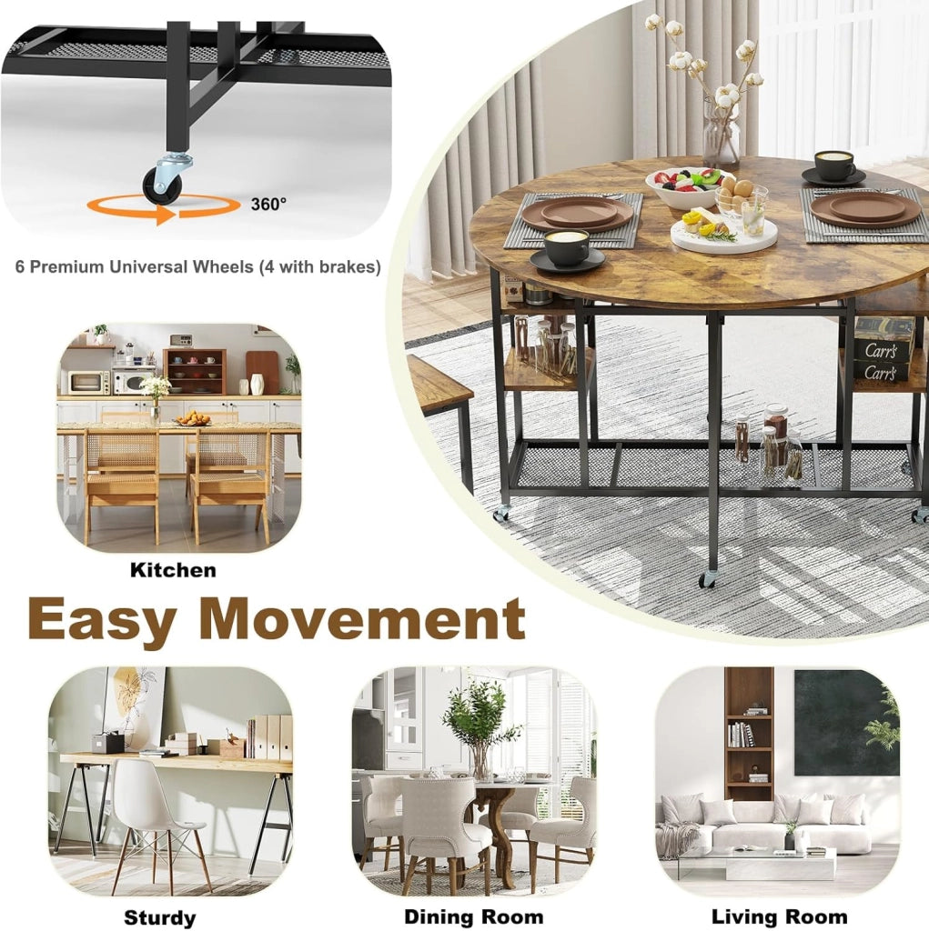 Set da pranzo, tavolo da pranzo pieghevole con 2 sgabelli, tavolo da cucina con ruote e portabottiglie e ripiani aperti, set per sala da pranzo, in metallo e legno, set da cucina, stile