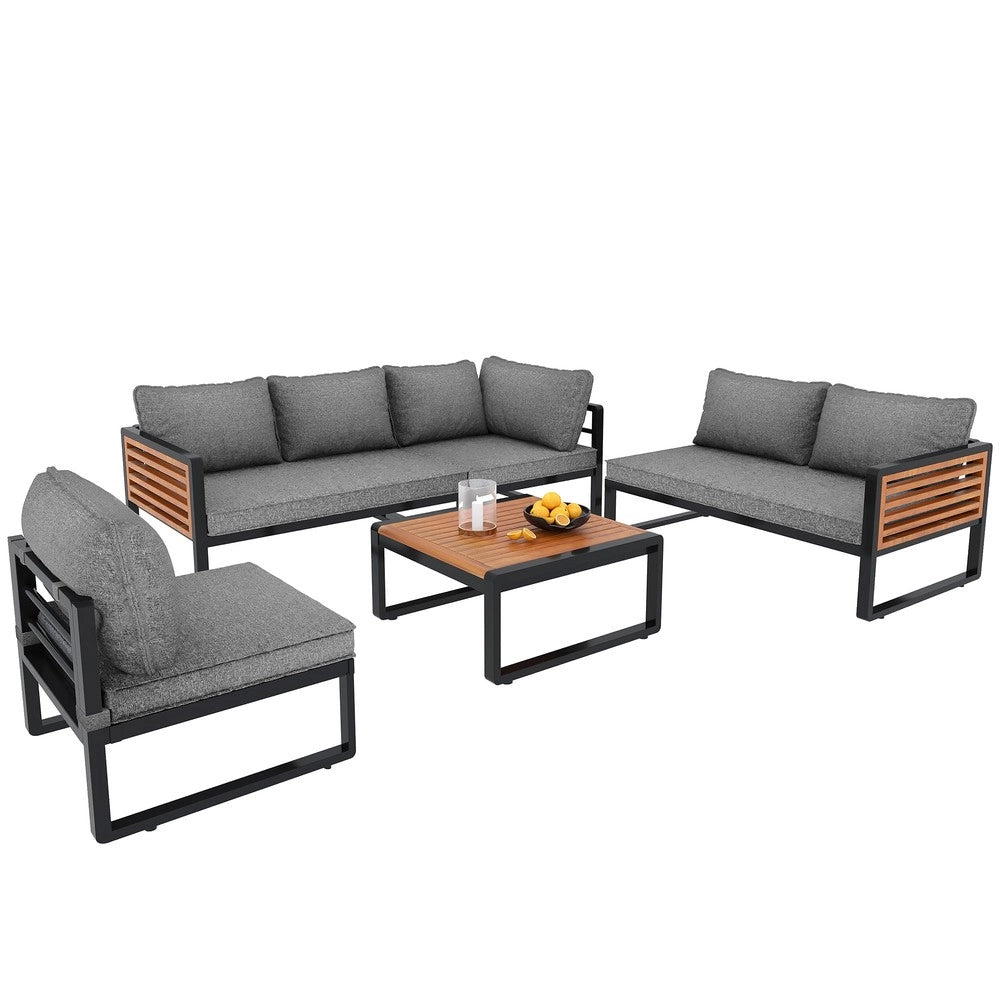 Set Divano da Giardino 5-6 Posti con Braccioli in Legno ¨C Xylo ¨C Polyrattan, Grigio