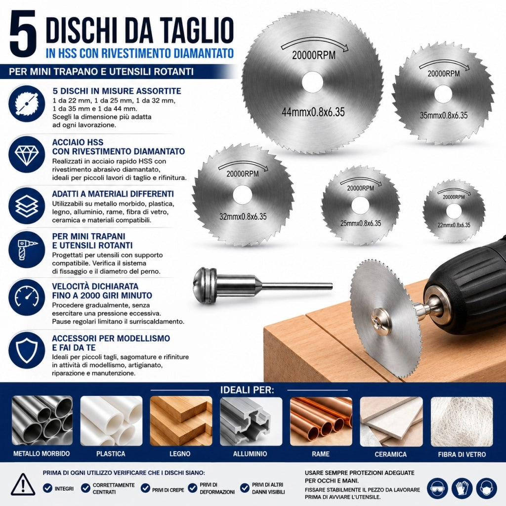 5 Dischi da Taglio HSS Diamantati 22-44 mm per Mini Trapano 47362