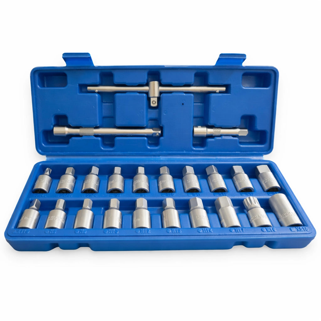 Set 23 Chiavi Bussola per Tappi Scarico Coppa Olio 3/8" e Prolunghe YZR-211