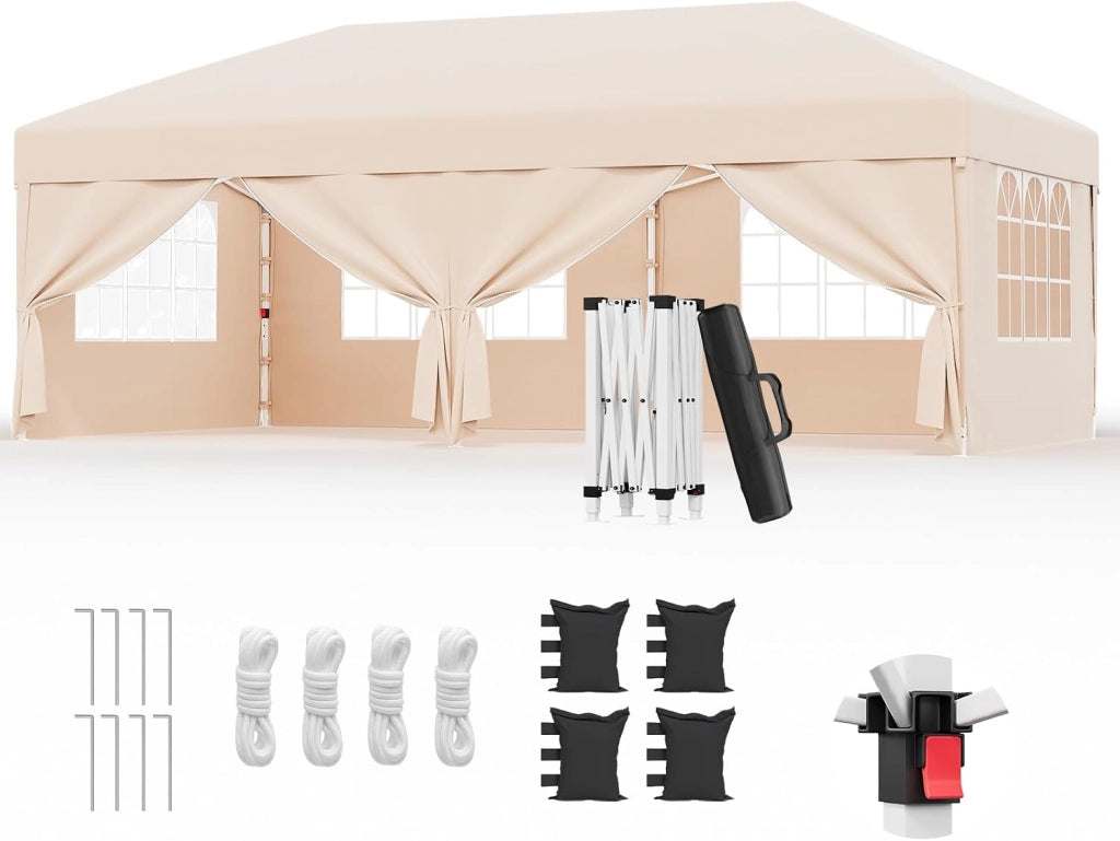 Gazebo 3x3 Pieghevole Impermeabile UPF50+, 3 Altezze Regolabili, Gazebo da Giardino Tende per 8-10 Persone, Gazebo Pieghevole con Borsa da Trasporto, per Giardini, Mercati, Feste, Beige