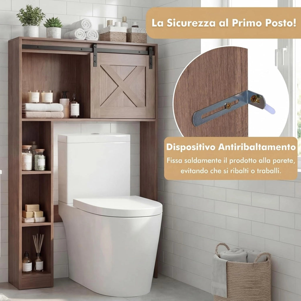 Mobile Salva Spazio Sopra WC, Organizzatore del Bagno in Legno con Porta e 3 Ripiani di Stoccaggio, per Bagno Lavanderia, 84x17x128 cm (Marrone Scuro)