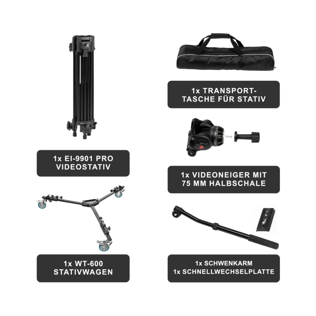 Walimex Pro Treppiede EI-9901 Video Pro con carrello WT-600 (altezza massima 138 cm, testa panoramica video, divaricatore centrale, capacità di carico 6 kg e borsa per treppiede), nero
