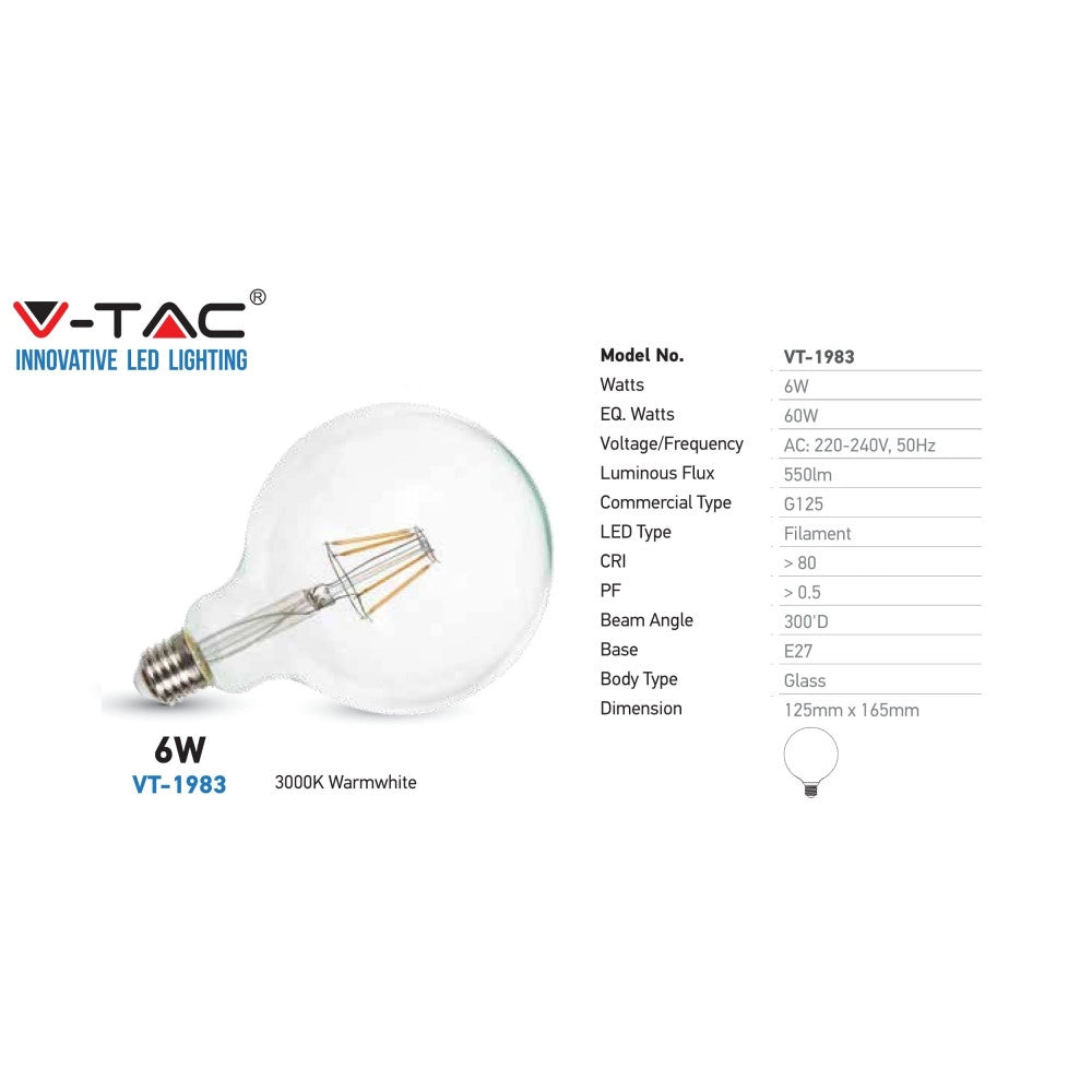 Trade Shop - Lampadina Globo Trasparente Filamento A Led Attacco E27 6w Luce Calda V-tac -