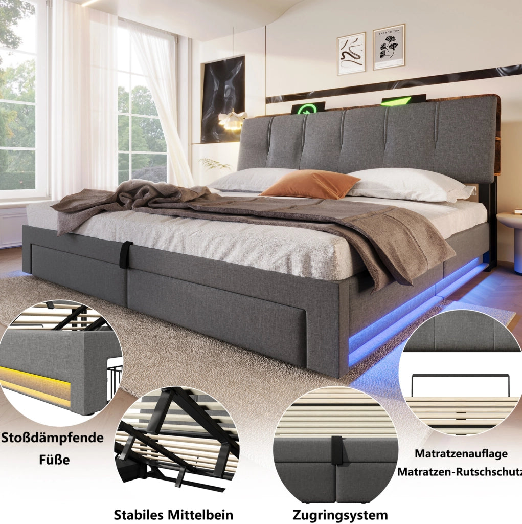 Letto imbottito 180x200 cm con contenitore idraulico, LED e USB-C