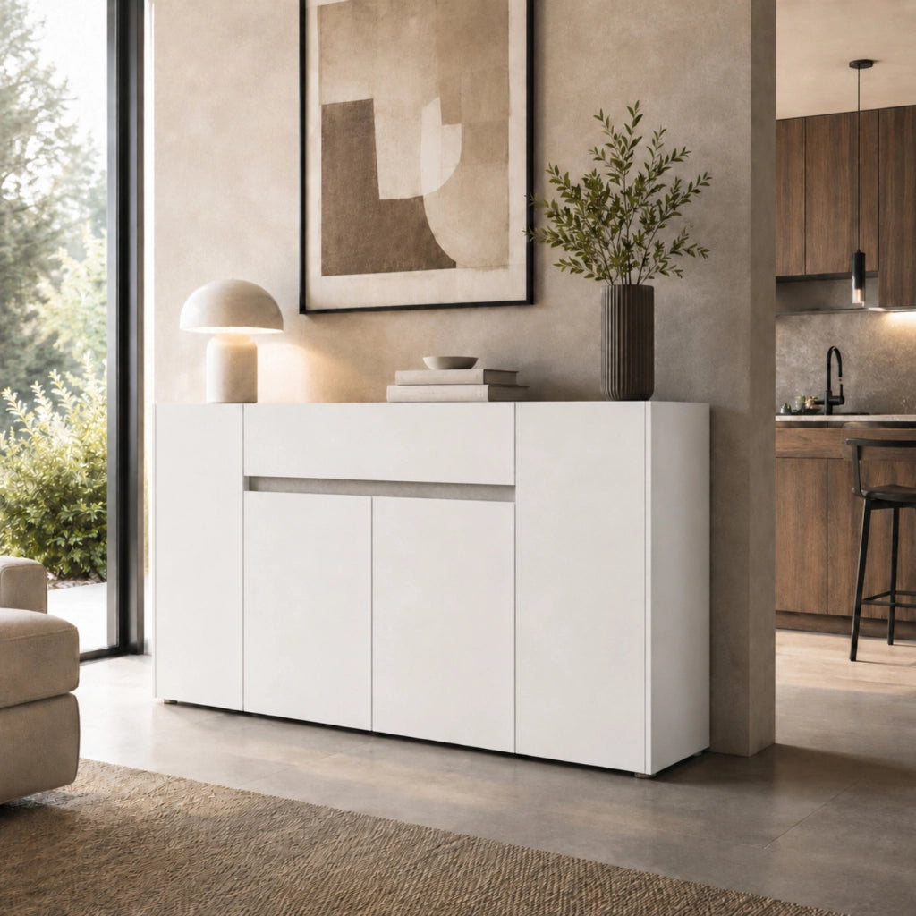 Credenza Contenitore Moderna Con 4 Ante E 1 Cassetto In Melaminico Design Minimal Senza Maniglie Per Sala Da Pranzo E Soggiorno 170 X 85 X 40 Cm Bianco E Grigio Cemento