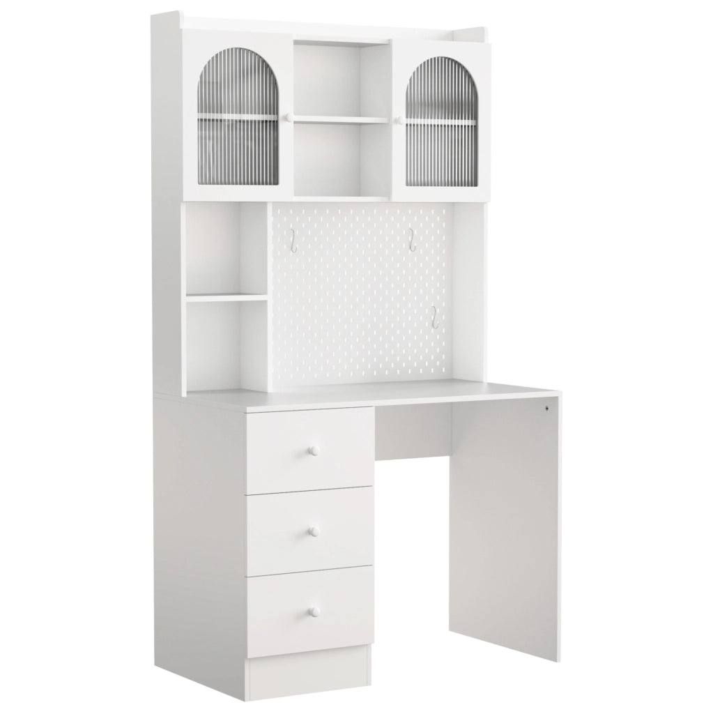 Scrivania con 3 cassetti e pannello forato， MDF bianco 100x55x180 cm