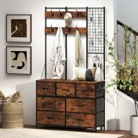 Mobile d'ingresso 4 in 1, appendiabiti, vestiaire con 7 cassetti in tessuto e 14 ganci, 100 x 30 x 183 cm, marrone rustico