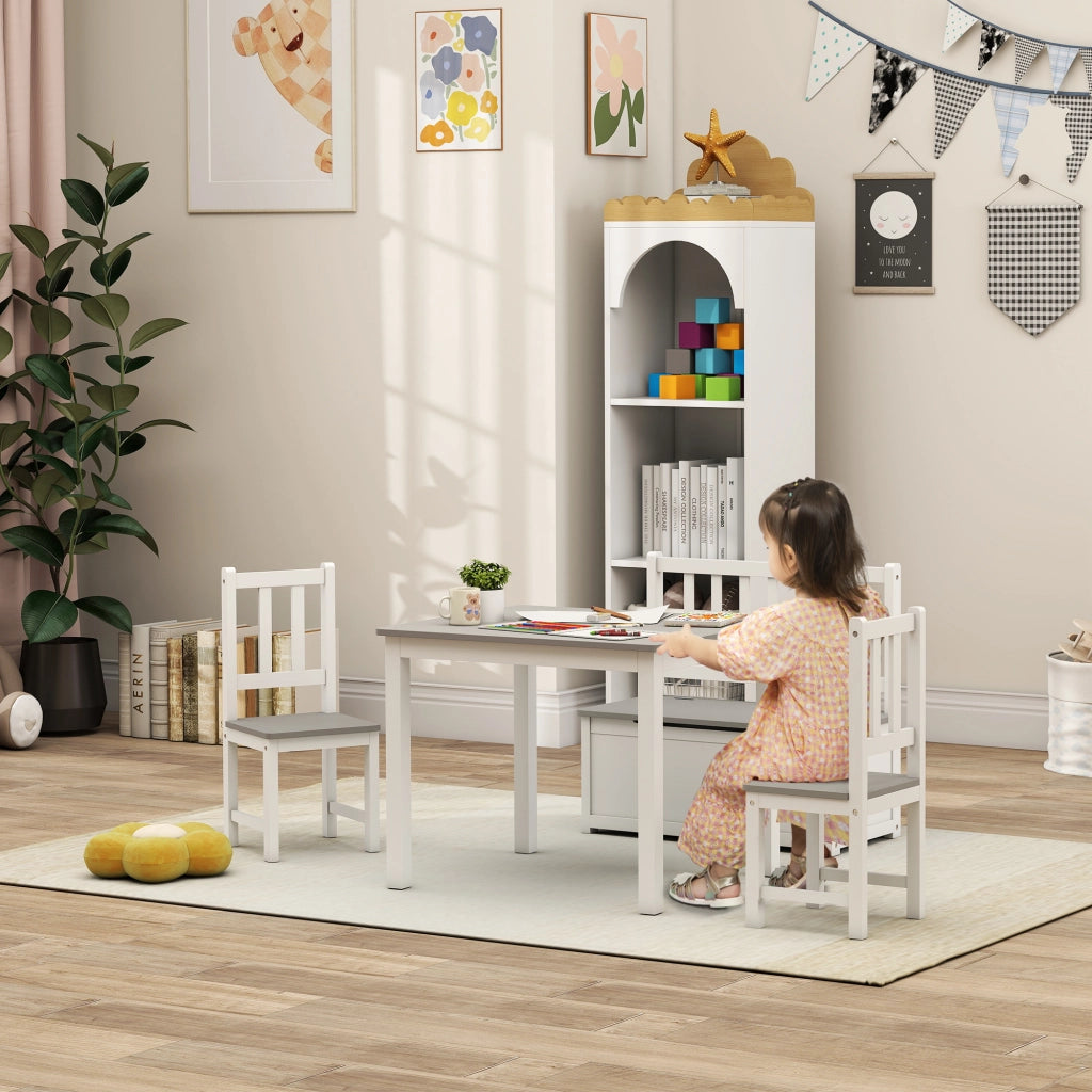 Tavolo Bambini con 2 Sedie e Cassapanca ¨C zephmum ¨C Legno Bianco e Grigio