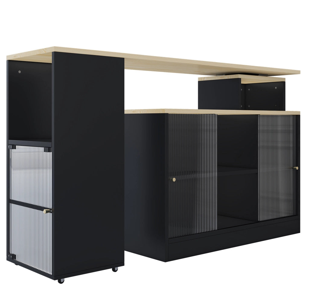 Tavolo bar allungabile con contenitore; mobile con ruote girevoli; MDF e vetro; nero
