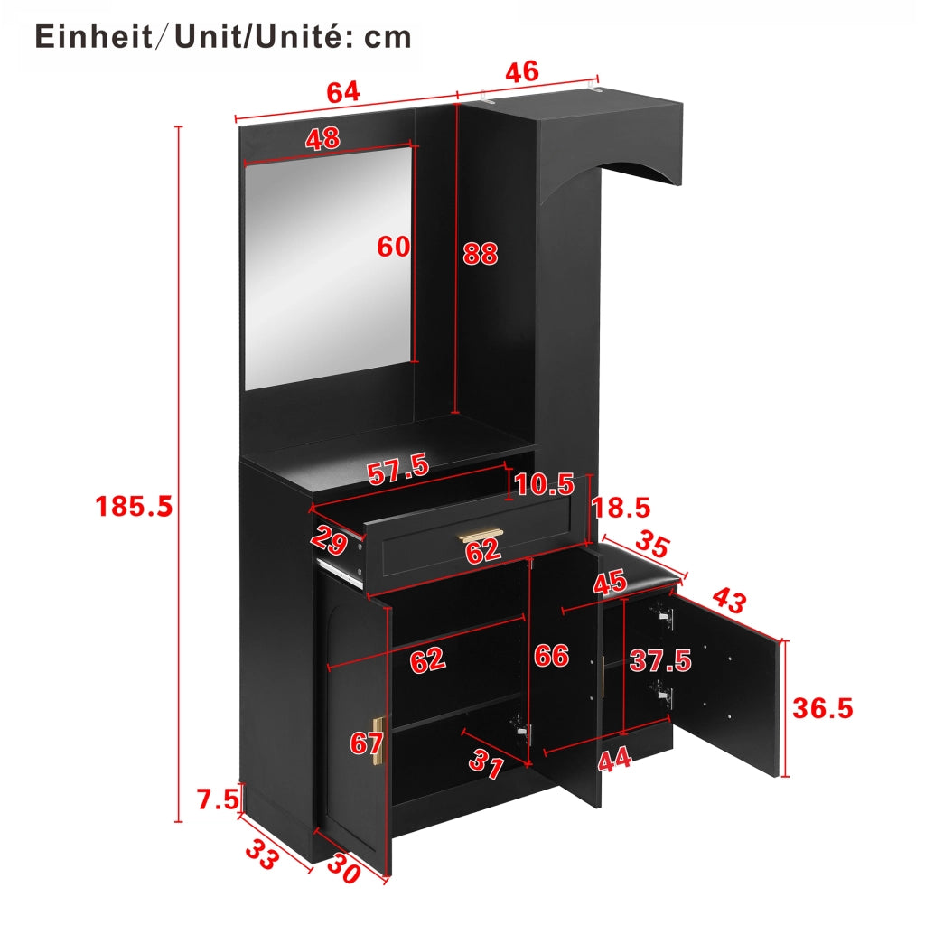 Mobile Ingresso con Specchio; 2 Ante; 2 Cassetti e Panca Scarpiera; Ripiani Regolabili; Moderno; in MDF; Nero; 110??33??185;5 cm