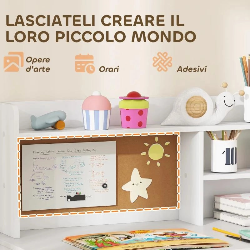 SCRIVANIA PER BAMBINI CON SCAFFALI, ARMADIETTO, CASSETTO E SEDIA PER BAMBINI ABBINATA IN MDF BIANCO