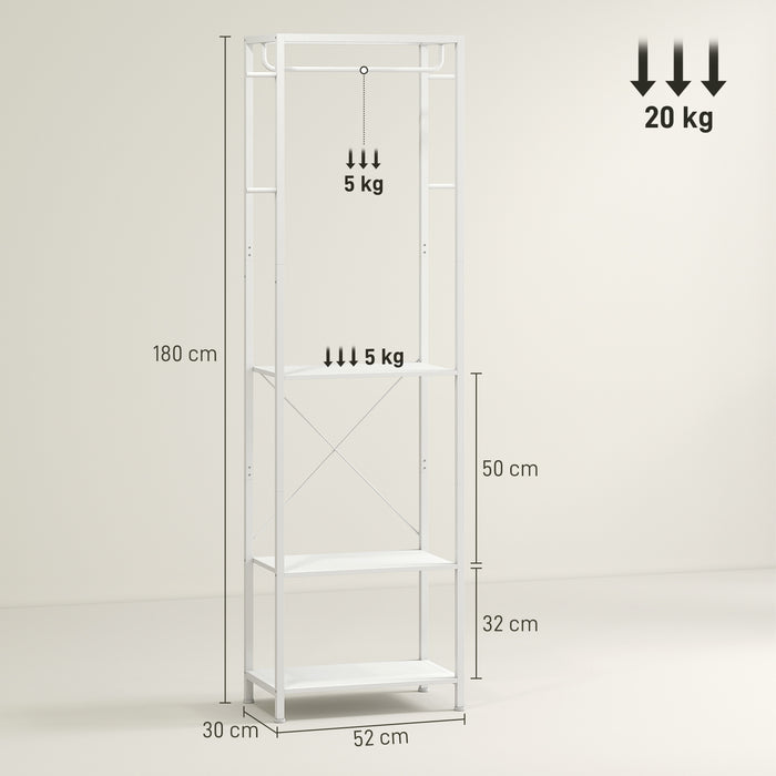 Mobile Ingresso Appendiabiti con Mensola e Scarpiera 52x30x180 cm in Metallo Bianco