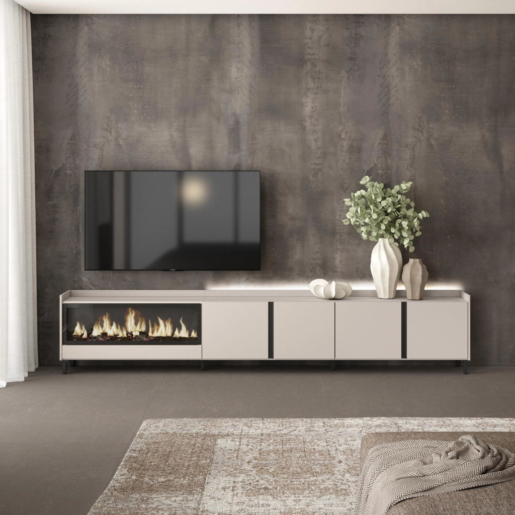Mobile TV Soggiorno, 315x61x35 cm, Per TV fino a 80", Camino elettrico XXL, Design industriale, LED, Beige