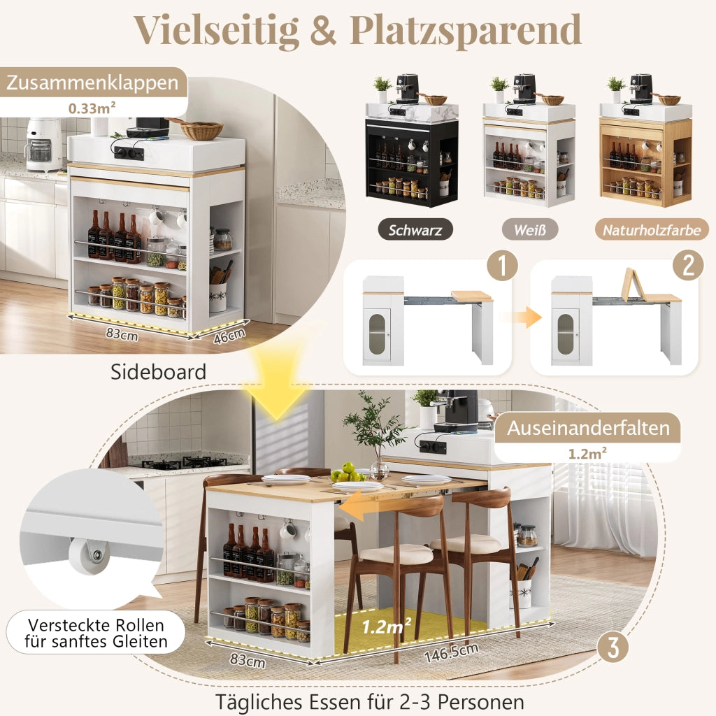 Tavolo da pranzo - isola cucina su ruote - piano pieghevole - bar con prese e ganci - bianco