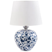 Lampada da tavolo Base in porcellana bianca e blu Paralume a tamburo in lino con patten floreale Illuminazione elegante