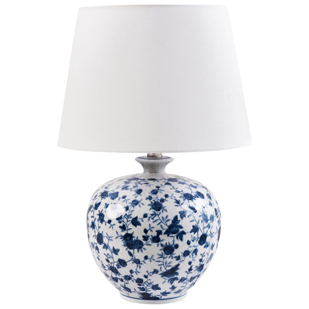 Lampada da tavolo Base in porcellana bianca e blu Paralume a tamburo in lino con patten floreale Illuminazione elegante