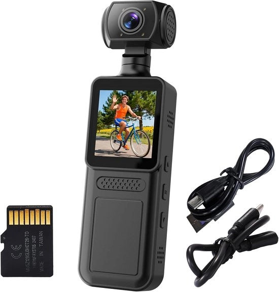 Camera Body HD 1080P con Stabilizzazione | Batteria 1500mAh per Registrazione 5 Ore | Connessione WiFi e OTG con Smartphone | Obiettivo Rotativo 180° | Adatto per Vlogging, Motorismo, Polizia (64GB)