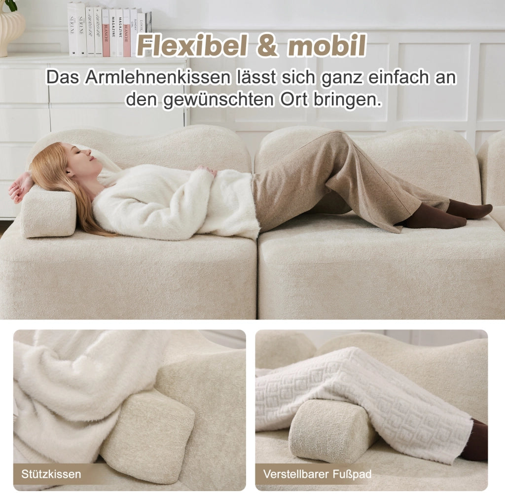 Divano angolare modulare 4 posti con pouf in velluto e schiuma 32D; beige