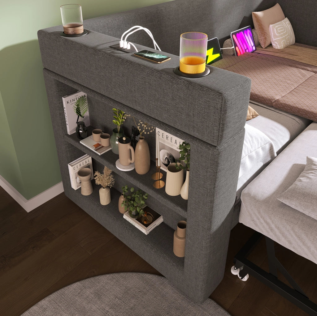 Divano letto ULEVR 90x190 cm con letto estraibile, USB, Type-C e portabicchieri, grigio