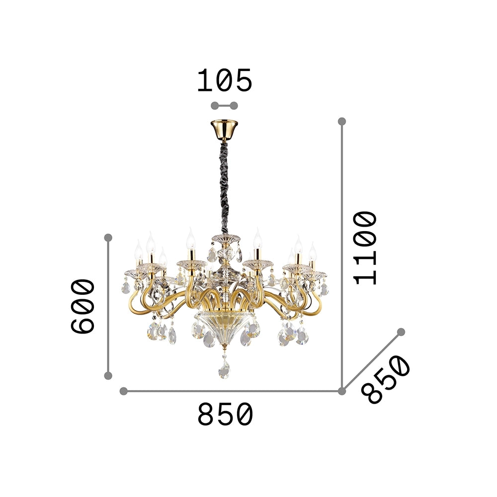 Lampadario Classico Negresco Metallo-Cristallo Oro 10 Luci E14