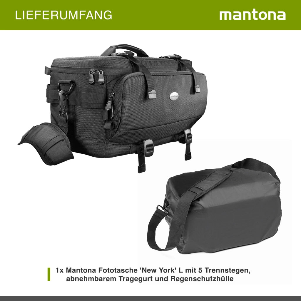 Mantona New York borsa fotografica con divisori interni per obiettivi, fotocamere a sistema, reflex, custodia per accessori fotografi con copertura antipioggia e tracolla